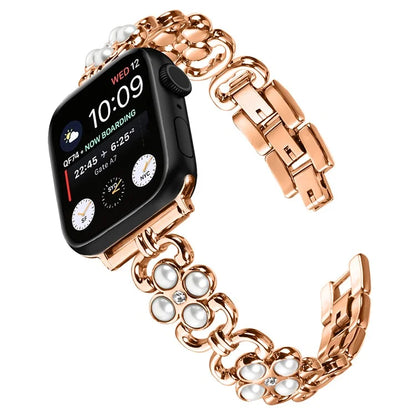 For Apple Watch Series 9 8 7 41mm / 6 5 4 SE (2022) SE (2023) SE 40mm / 3 2 1 38mm Stainless Steel Band Pearl Four Leaf Clover Watch Strap