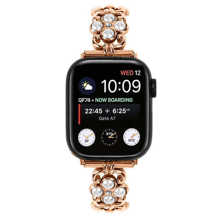 For Apple Watch Series 9 8 7 41mm / 6 5 4 SE (2022) SE (2023) SE 40mm / 3 2 1 38mm Stainless Steel Band Pearl Four Leaf Clover Watch Strap