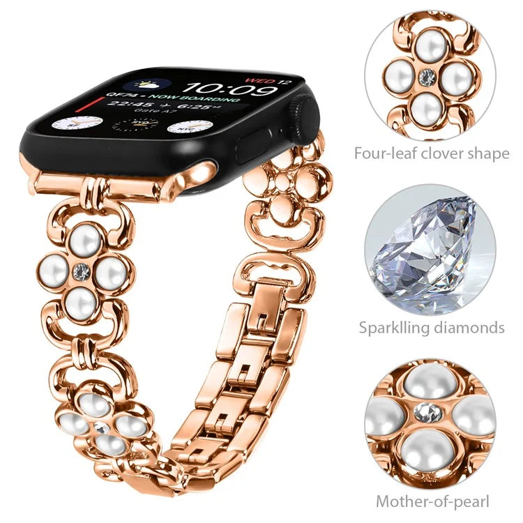 For Apple Watch Series 9 8 7 41mm / 6 5 4 SE (2022) SE (2023) SE 40mm / 3 2 1 38mm Stainless Steel Band Pearl Four Leaf Clover Watch Strap