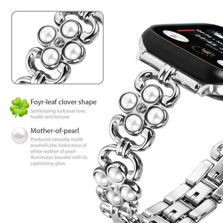 For Apple Watch Series 9 8 7 41mm / 6 5 4 SE (2022) SE (2023) SE 40mm / 3 2 1 38mm Stainless Steel Band Pearl Four Leaf Clover Watch Strap