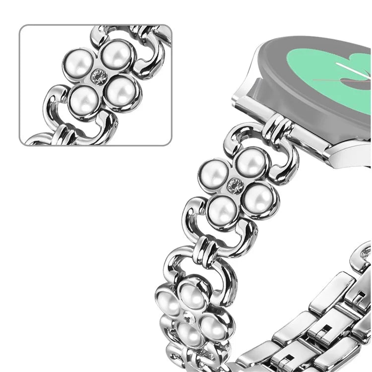 For Garmin Vivoactive 5 / Active 5 Metal Wristband Pearl Four Leaf Clover Decor Stainless Steel Watch Strap