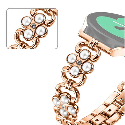 For Garmin Vivoactive 5 / Active 5 Metal Wristband Pearl Four Leaf Clover Decor Stainless Steel Watch Strap