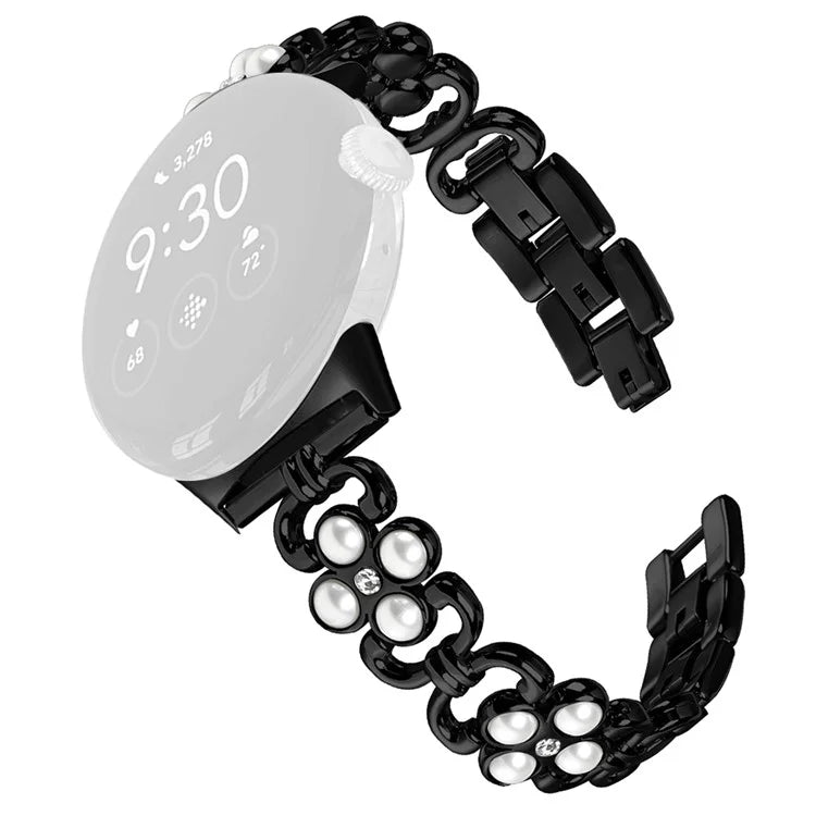 For Google Pixel Watchband Pearl Four Leaf Clover Decor Stainless Steel Wristband