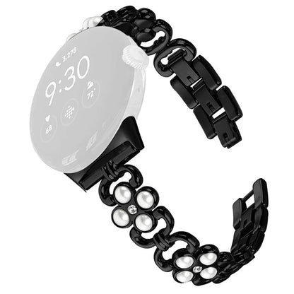 For Google Pixel Watchband Pearl Four Leaf Clover Decor Stainless Steel Wristband