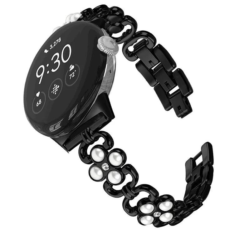 For Google Pixel Watchband Pearl Four Leaf Clover Decor Stainless Steel Wristband