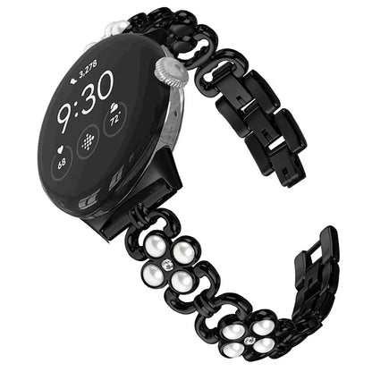 For Google Pixel Watchband Pearl Four Leaf Clover Decor Stainless Steel Wristband