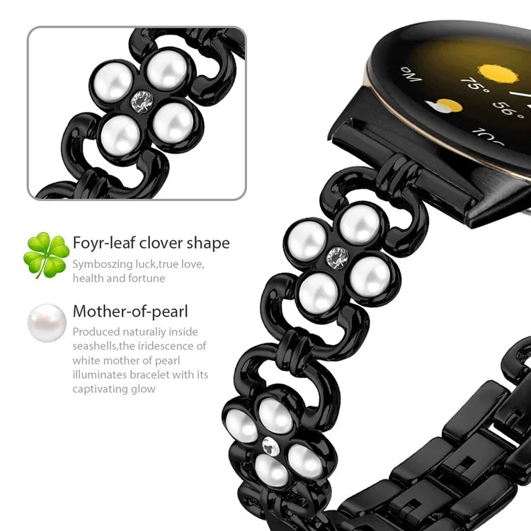 For Google Pixel Watchband Pearl Four Leaf Clover Decor Stainless Steel Wristband