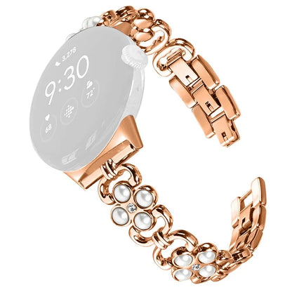 For Google Pixel Watchband Pearl Four Leaf Clover Decor Stainless Steel Wristband