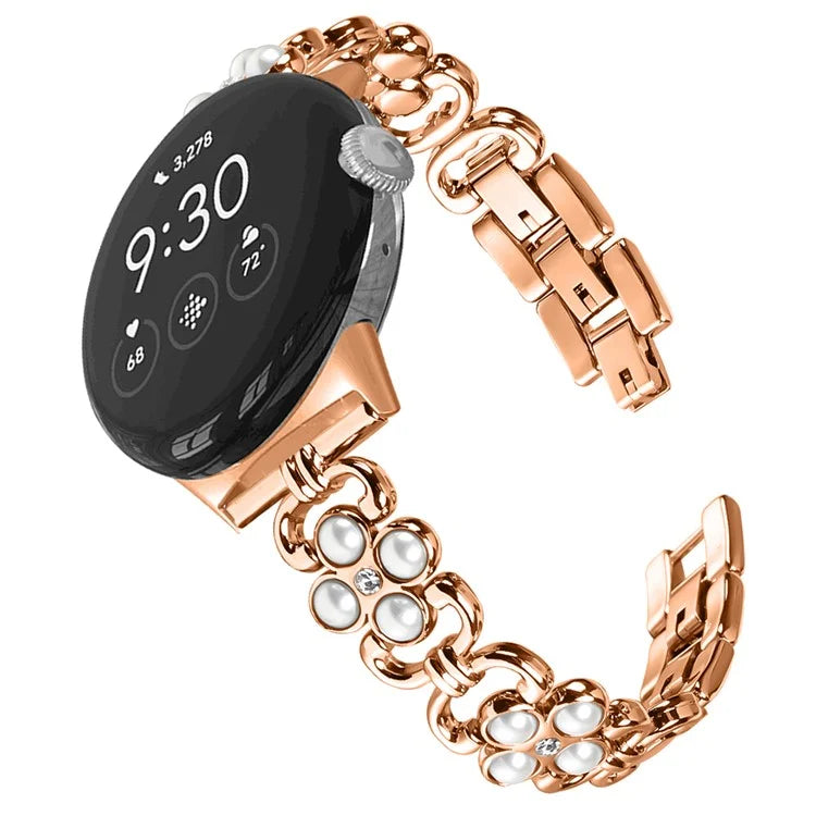 For Google Pixel Watchband Pearl Four Leaf Clover Decor Stainless Steel Wristband