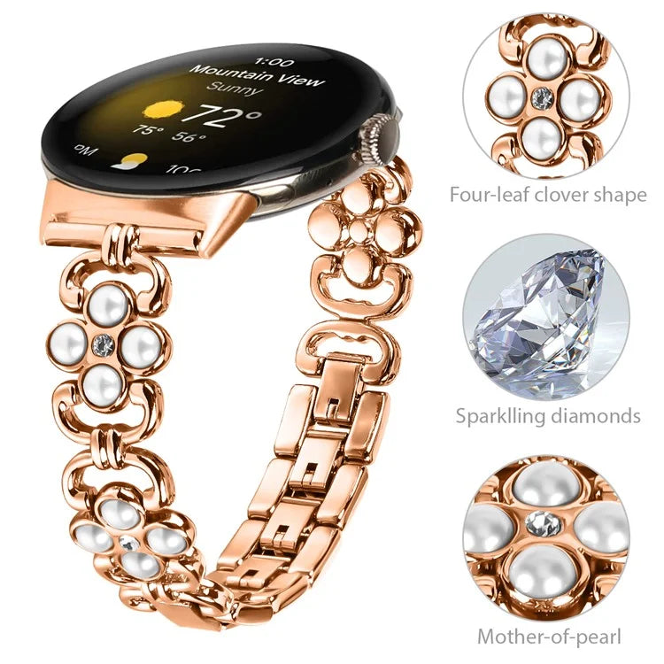 For Google Pixel Watchband Pearl Four Leaf Clover Decor Stainless Steel Wristband