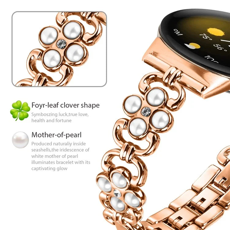 For Google Pixel Watchband Pearl Four Leaf Clover Decor Stainless Steel Wristband