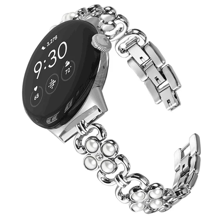 For Google Pixel Watchband Pearl Four Leaf Clover Decor Stainless Steel Wristband