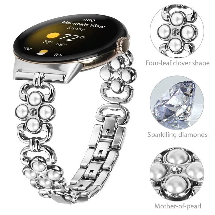For Google Pixel Watchband Pearl Four Leaf Clover Decor Stainless Steel Wristband