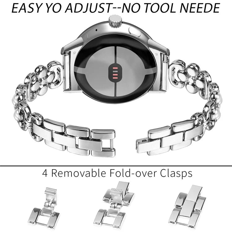 For Google Pixel Watchband Pearl Four Leaf Clover Decor Stainless Steel Wristband