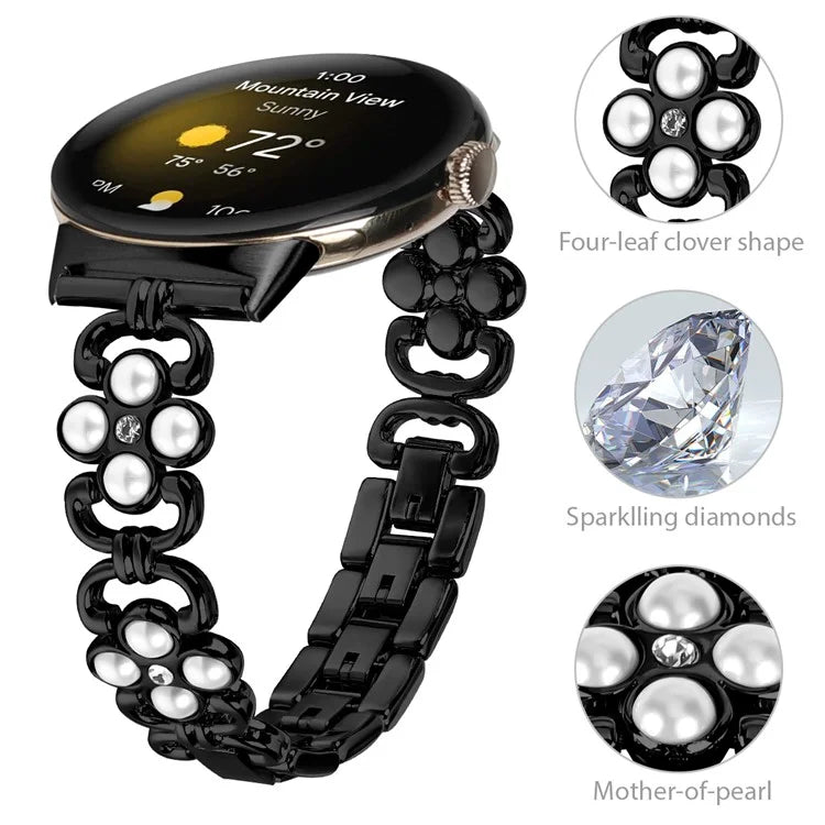 Stainless Steel Band for Google Pixel 2 Pearl Decor Four Leaf Clover Watch Strap