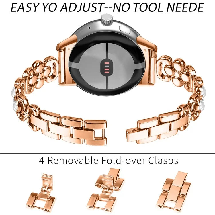 Stainless Steel Band for Google Pixel 2 Pearl Decor Four Leaf Clover Watch Strap