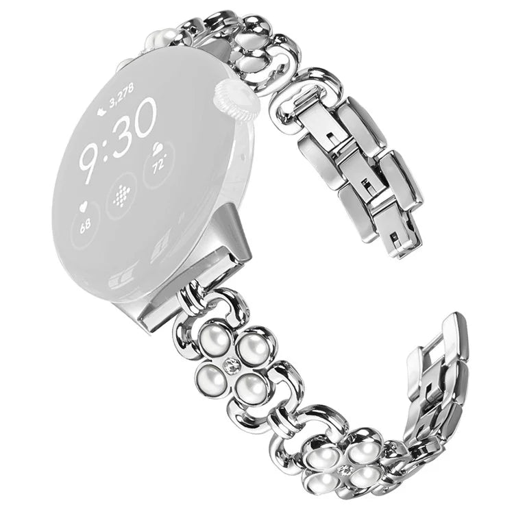 Stainless Steel Band for Google Pixel 2 Pearl Decor Four Leaf Clover Watch Strap