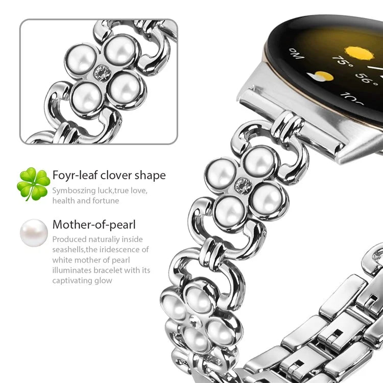 Stainless Steel Band for Google Pixel 2 Pearl Decor Four Leaf Clover Watch Strap