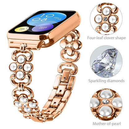 Wholesale Watch Strap for Xiaomi Smart Band 8 Pro Pearl Decor Four Leaf Clover Stainless Steel Band