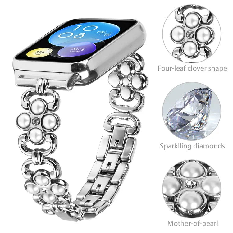 Wholesale Watch Strap for Xiaomi Smart Band 8 Pro Pearl Decor Four Leaf Clover Stainless Steel Band