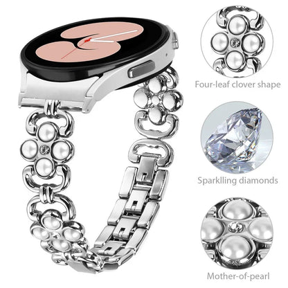 For Samsung Galaxy Watch 5 Active 40mm 44mm / Watch 5 40mm 44mm Women Fashion Four Leaf Clover Stainless Steel Watchband