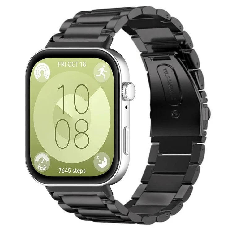 For Huawei Watch Fit 3 Band with Dual Press Buckle, 3-Bead Steel Wrist Strap