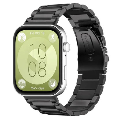 For Huawei Watch Fit 3 Band with Dual Press Buckle, 3-Bead Steel Wrist Strap