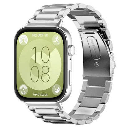 For Huawei Watch Fit 3 Band with Dual Press Buckle, 3-Bead Steel Wrist Strap