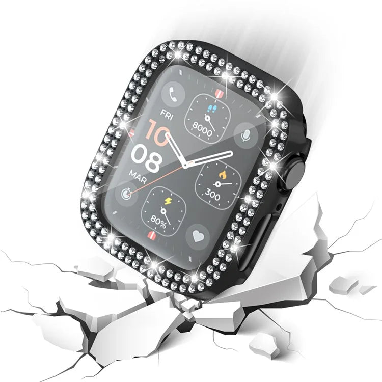 For Apple Watch Series 4  /  5  /  6  /  SE  /  SE (2022) 44mm Rhinestone Decor Electroplating PC Watch Case with Tempered Glass Film