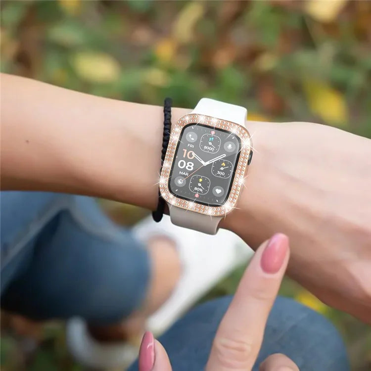 For Apple Watch Series 4  /  5  /  6  /  SE  /  SE (2022) 44mm Rhinestone Decor Electroplating PC Watch Case with Tempered Glass Film