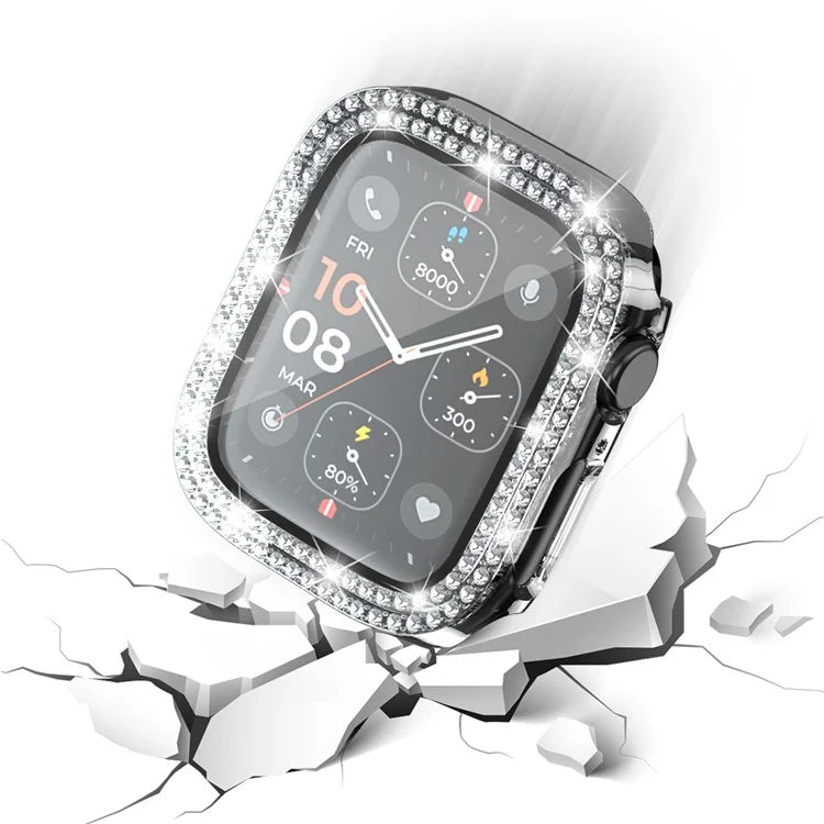 For Apple Watch Series 4  /  5  /  6  /  SE  /  SE (2022) 44mm Rhinestone Decor Electroplating PC Watch Case with Tempered Glass Film