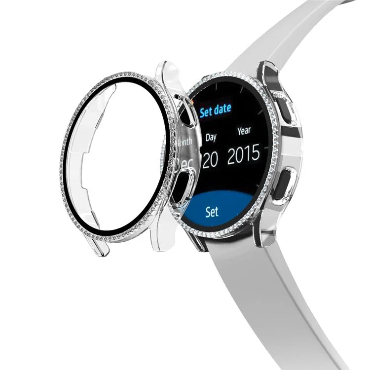 For Samsung Galaxy Watch7 44mm PC Watch Case Rhinestone Decor Cover with Tempered Glass Film