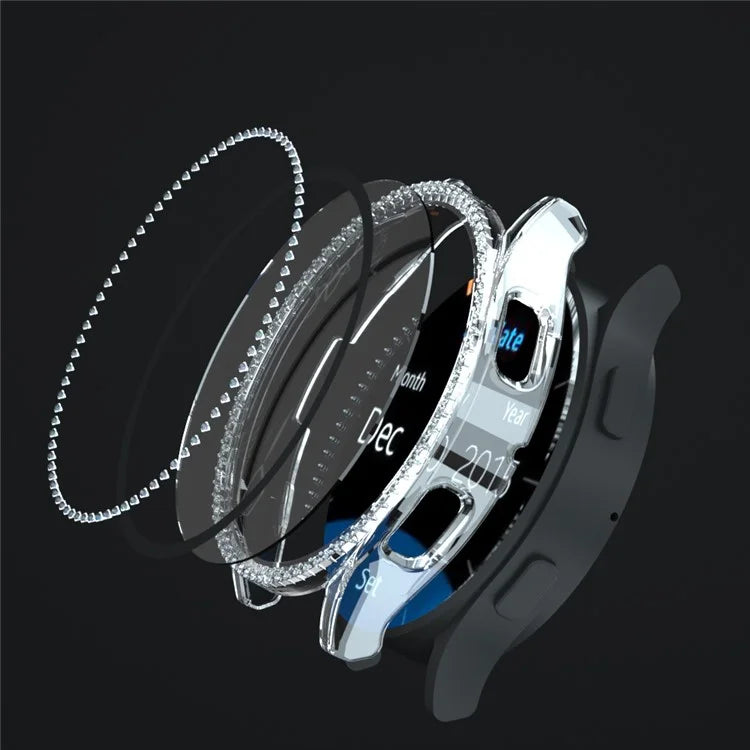 For Samsung Galaxy Watch7 44mm PC Watch Case Rhinestone Decor Cover with Tempered Glass Film