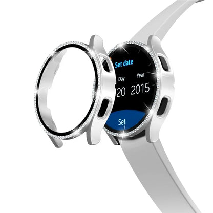 For Samsung Galaxy Watch7 44mm PC Watch Case Rhinestone Decor Cover with Tempered Glass Film