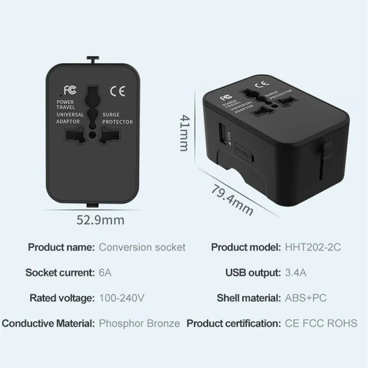 HHT202-2C 1xUSB+2x Type-C Charging Adapter Travel Universal Charger Converter