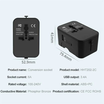HHT202-2C 1xUSB+2x Type-C Charging Adapter Travel Universal Charger Converter