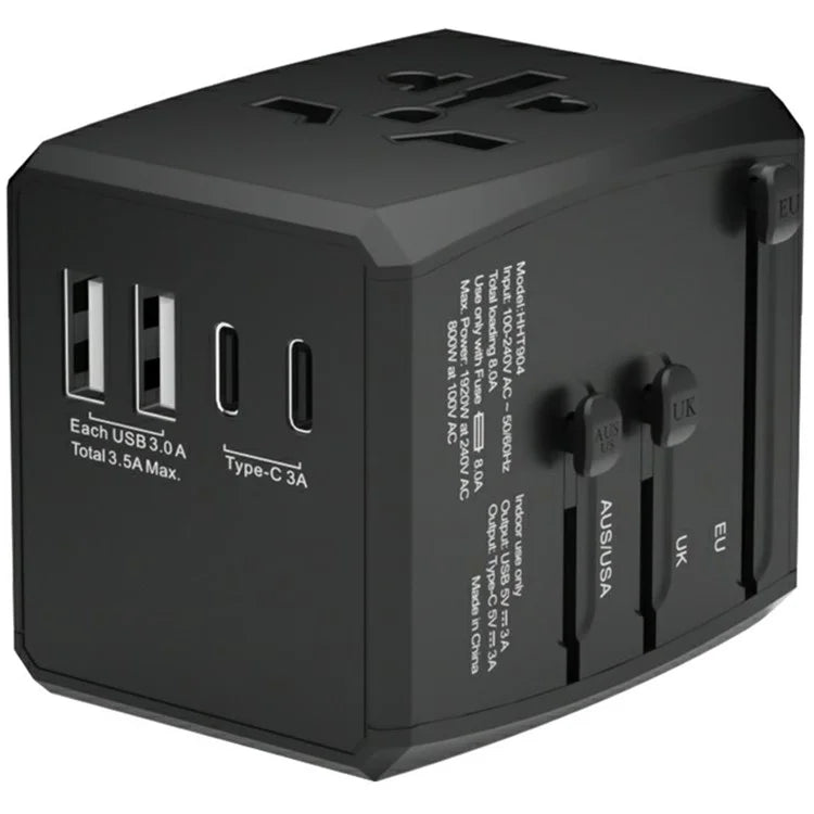 HH904 Worldwide Travel Charge Adapter Wall Plug Converter with 2 USB + 2 Type-C