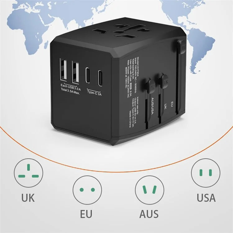 HH904 Worldwide Travel Charge Adapter Wall Plug Converter with 2 USB + 2 Type-C