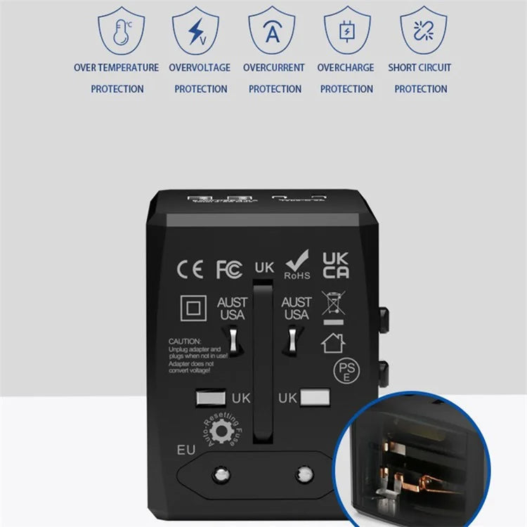 HH904 Worldwide Travel Charge Adapter Wall Plug Converter with 2 USB + 2 Type-C