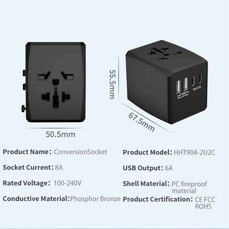 HH904 Worldwide Travel Charge Adapter Wall Plug Converter with 2 USB + 2 Type-C