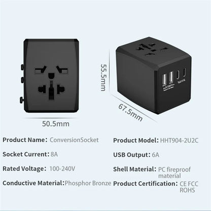 HH904 Worldwide Travel Charge Adapter Wall Plug Converter with 2 USB + 2 Type-C