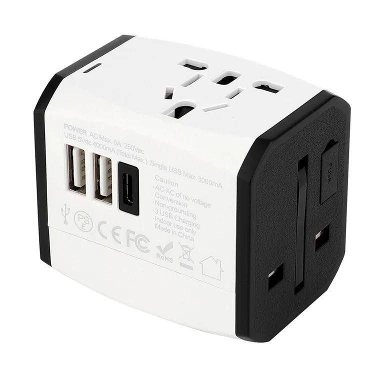 HHT525 Type-C + 2xUSB Universal Global Travel Power Adapter Charger Plug Converter