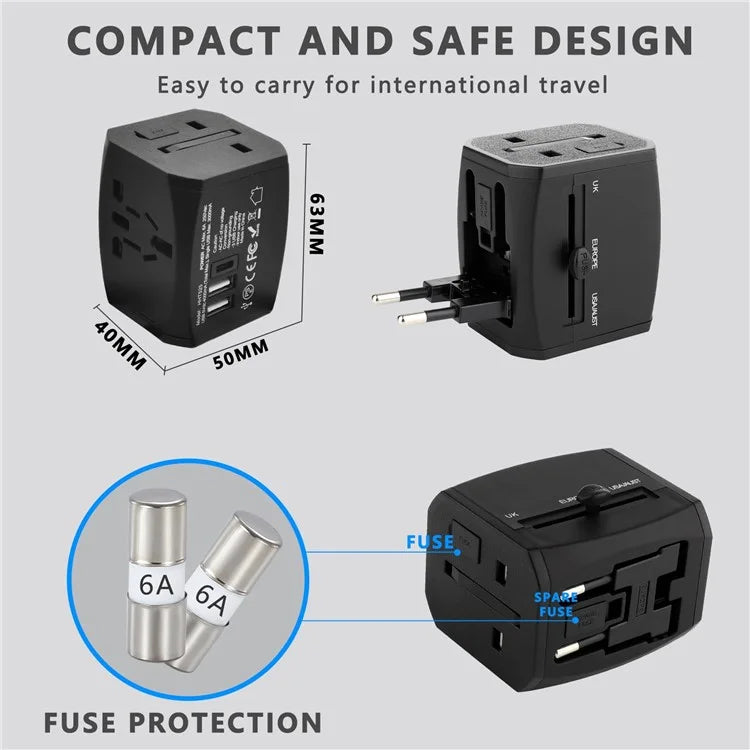 HHT525 Type-C + 2xUSB Universal Global Travel Power Adapter Charger Plug Converter