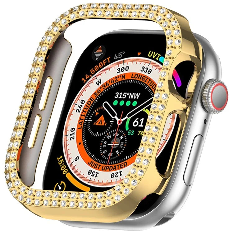For Apple Watch Series 10 42mm Double Row Rhinestone Decor Hollow-Out Cover PC Watch Frame Case