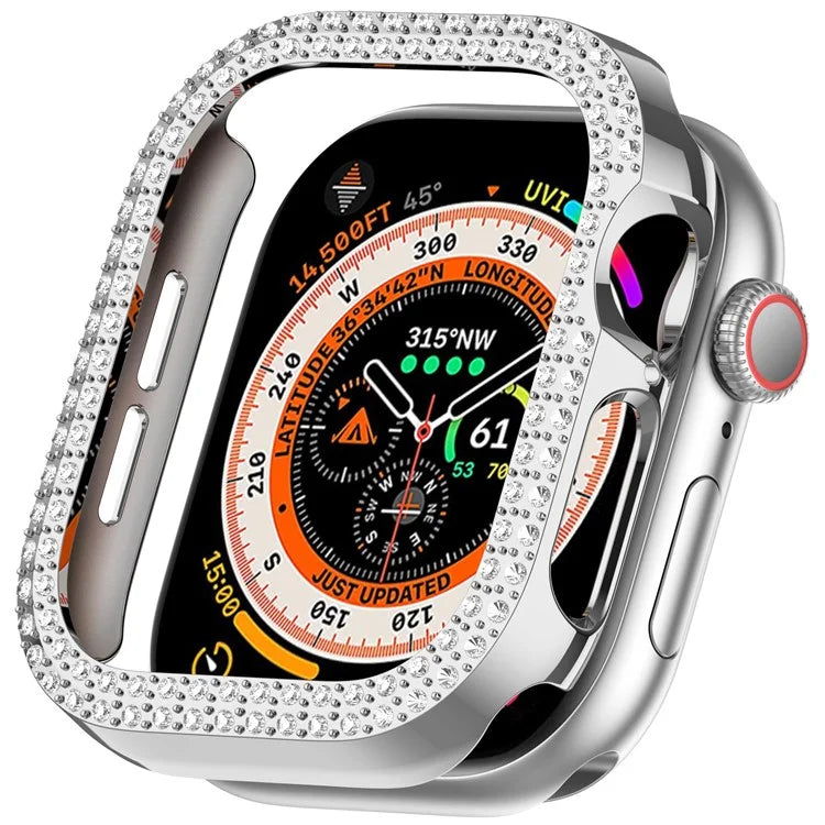 For Apple Watch Series 10 42mm Double Row Rhinestone Decor Hollow-Out Cover PC Watch Frame Case