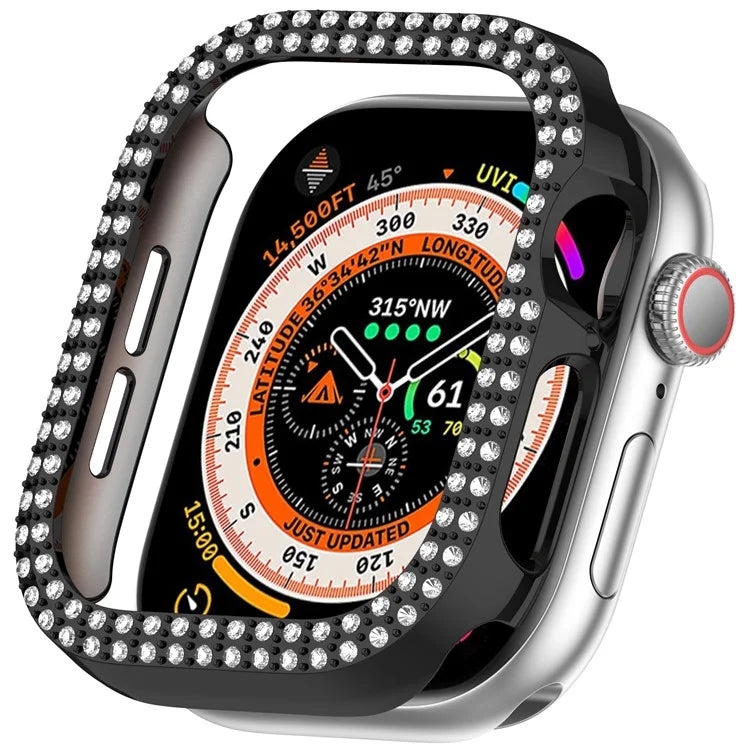 For Apple Watch Series 10 46mm Double Row Rhinestone Decor Hollow-Out Cover PC Watch Frame Case