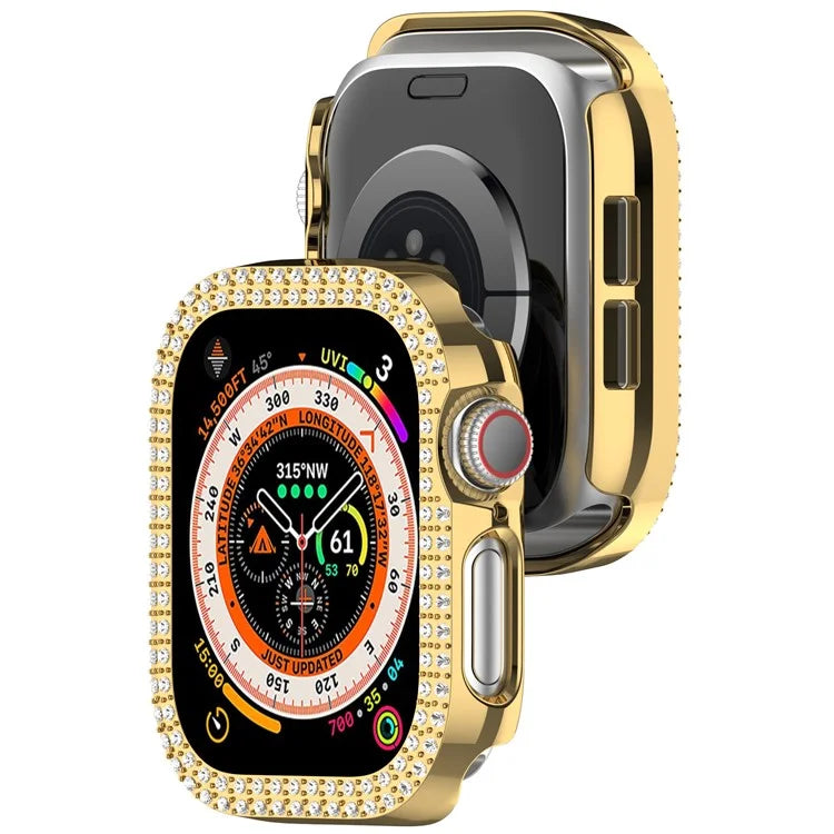 For Apple Watch Series 10 46mm Double Row Rhinestone Decor Hollow-Out Cover PC Watch Frame Case