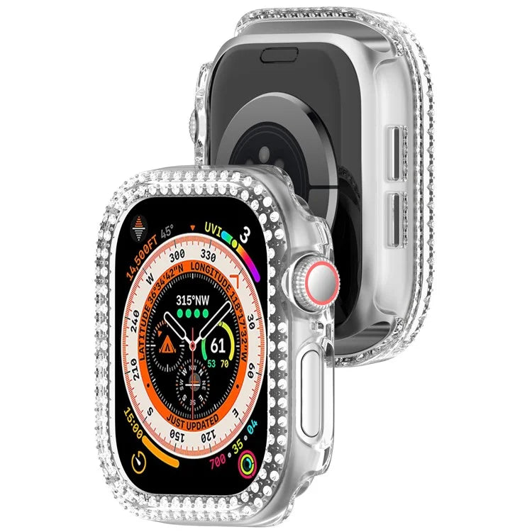 For Apple Watch Series 10 46mm Double Row Rhinestone Decor Hollow-Out Cover PC Watch Frame Case