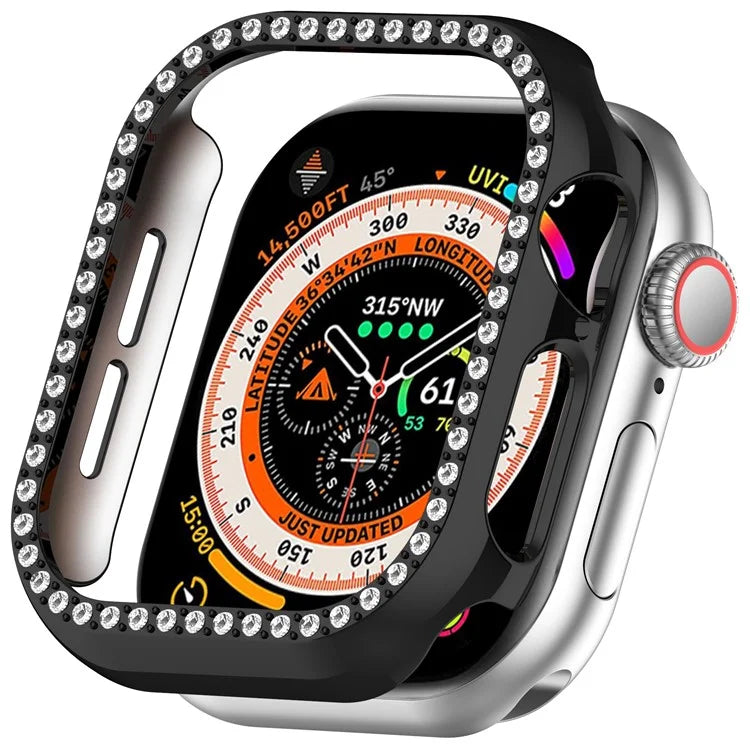 For Apple Watch Series 10 46mm Single Row Rhinestone Decor Hollow-Out Cover PC Watch Frame Case