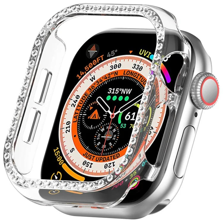 For Apple Watch Series 10 46mm Single Row Rhinestone Decor Hollow-Out Cover PC Watch Frame Case
